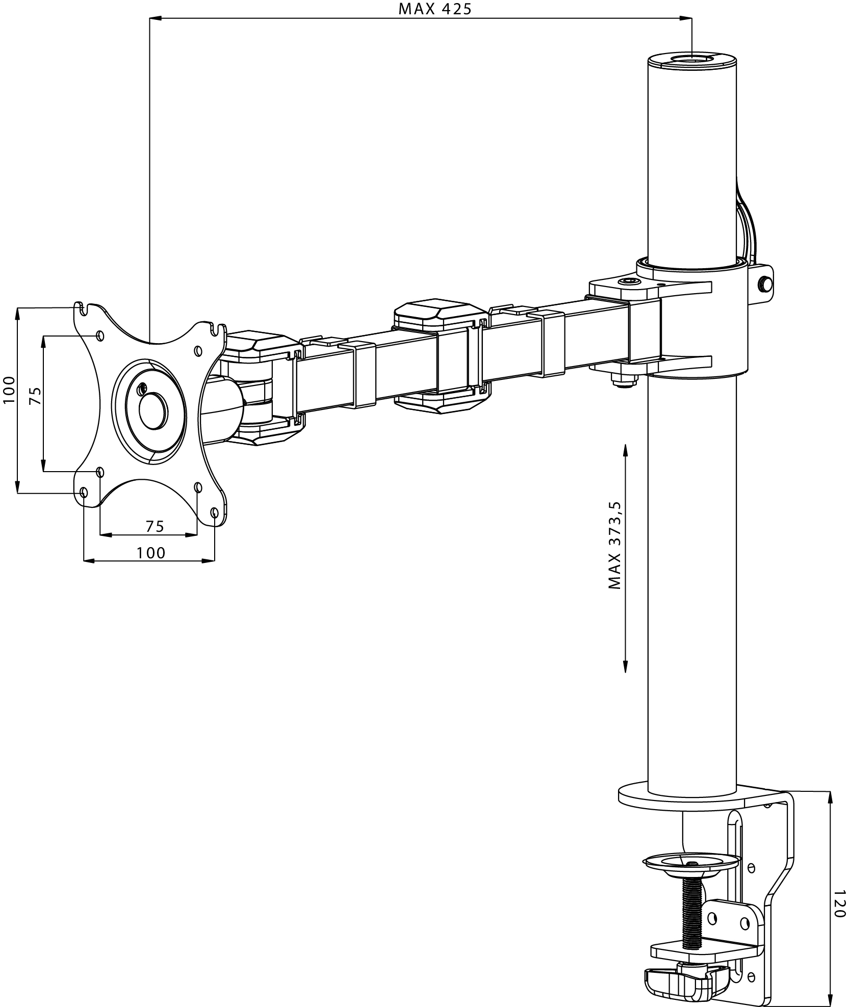 Technische Zeichnung eines Monitorarms mit Abmessungen und Maßen.