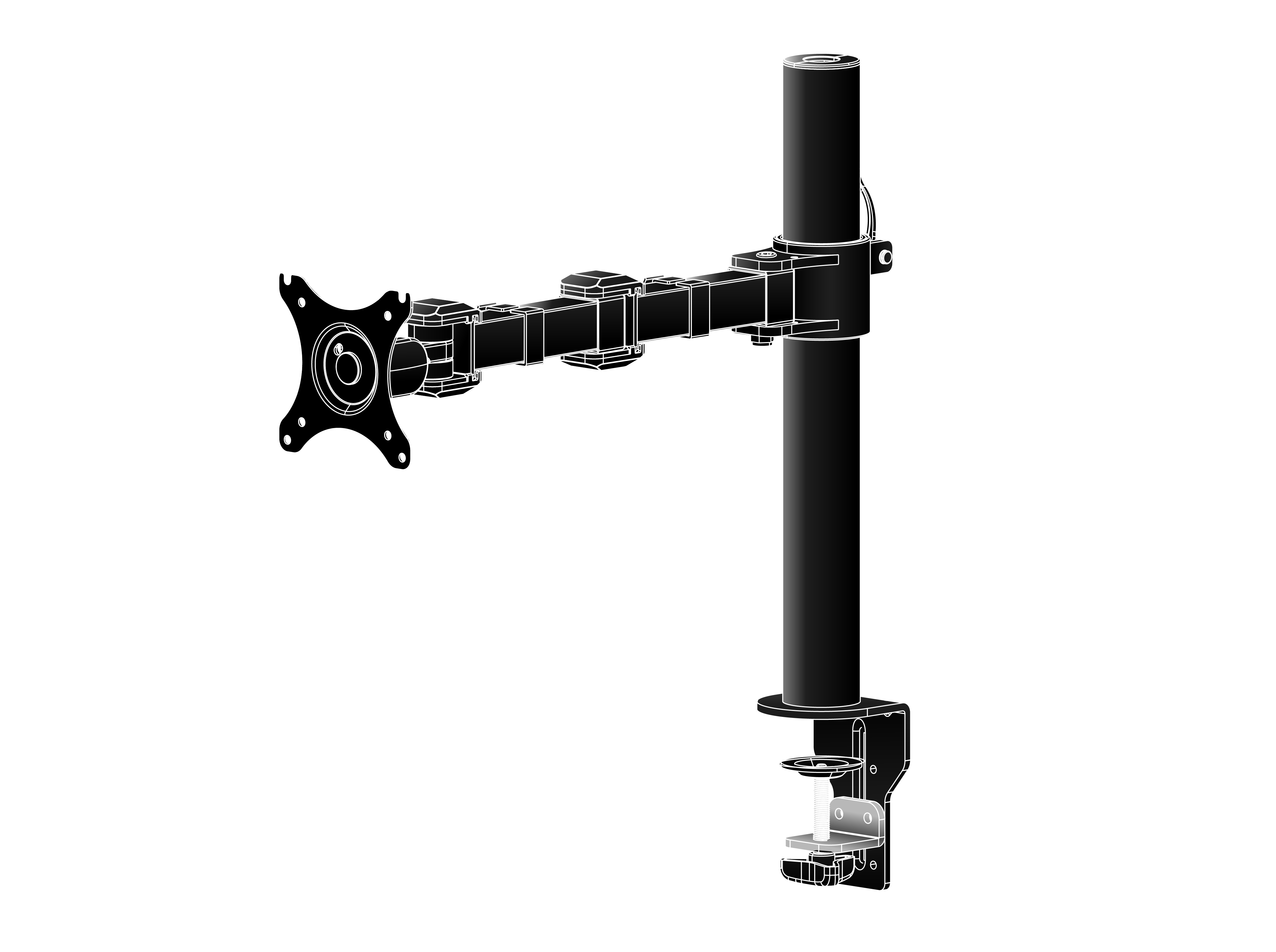 Schwarz-weißer Monitorarm. Er ist mit einer Klemme an einer Stange befestigt.