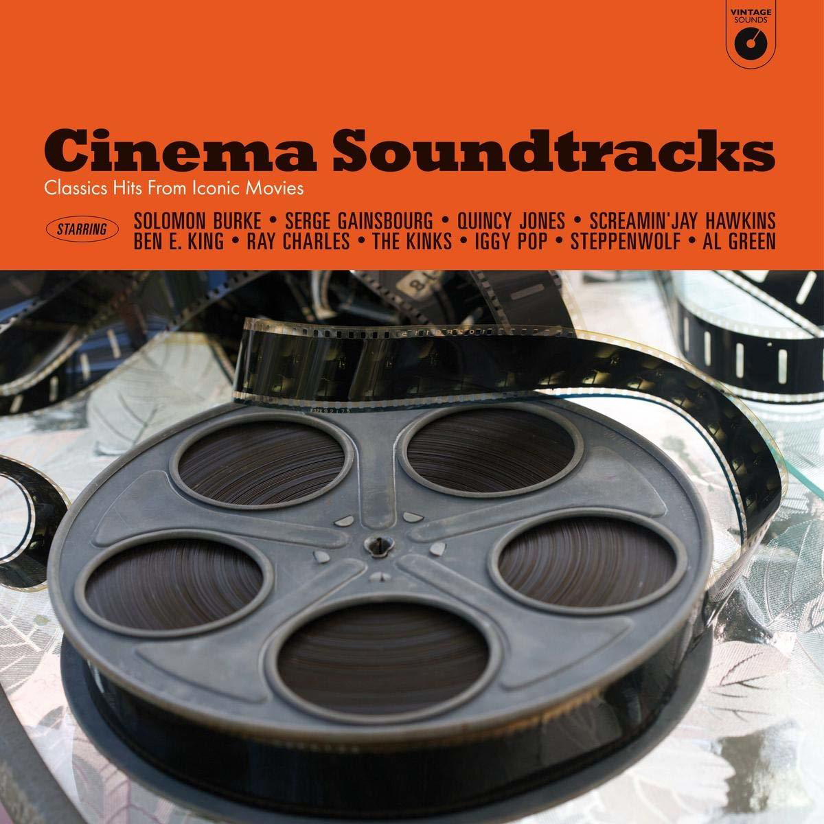 Albumcover: Cinema Soundtracks, Filmrolle, Vintage-Design, verschiedene Filmstars gelistet.