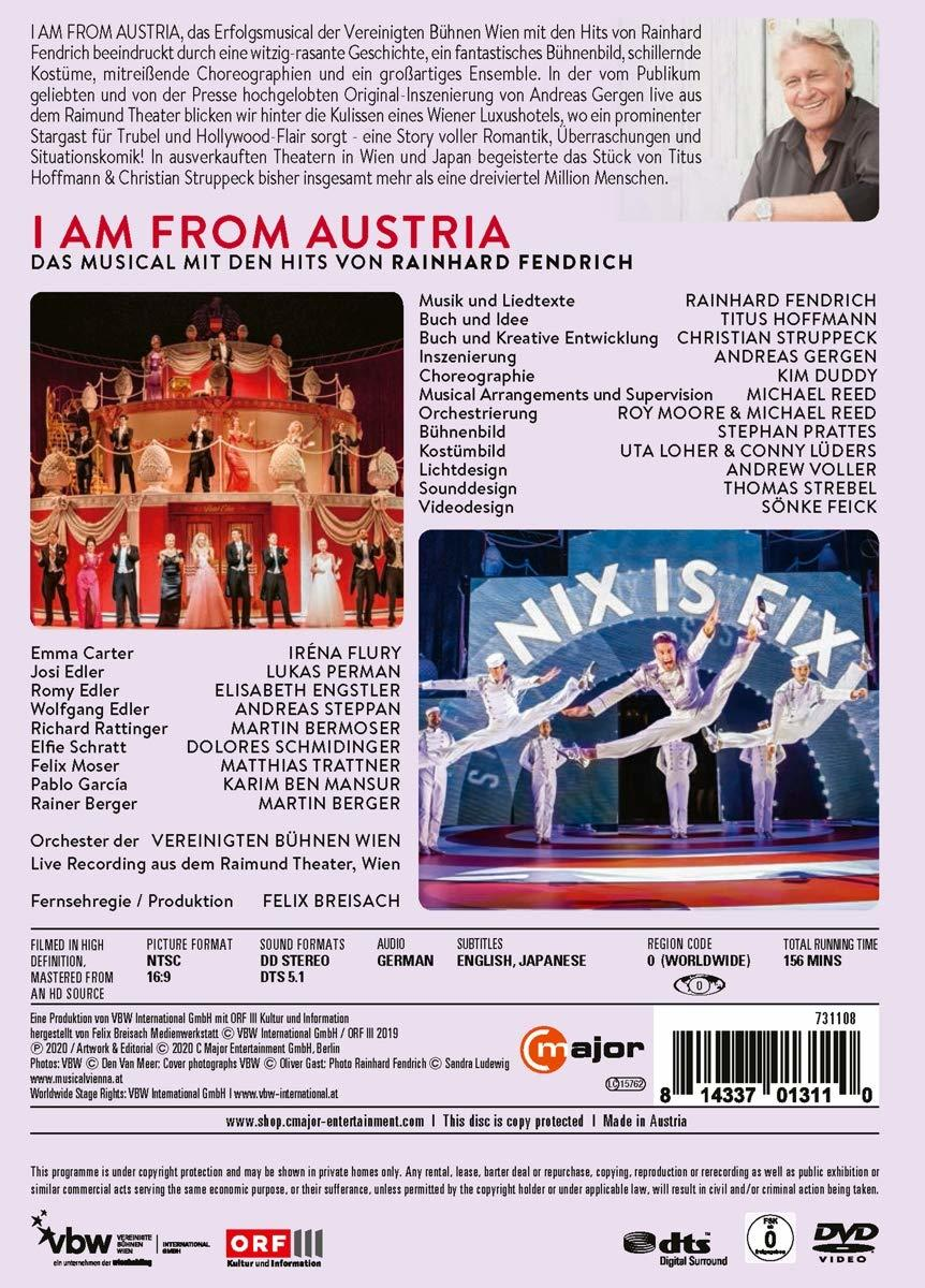 DVD von 'I Am From Austria' Musical. Eine Bühnenszene ist auf dem Cover, mit Text und Namen.