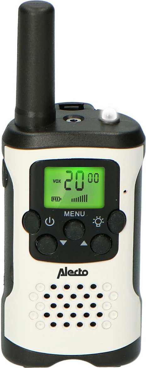 Alecto Walkie-Talkie. Weiß und Schwarz, mit grünem Bildschirm und Knöpfen. Antenne oben.