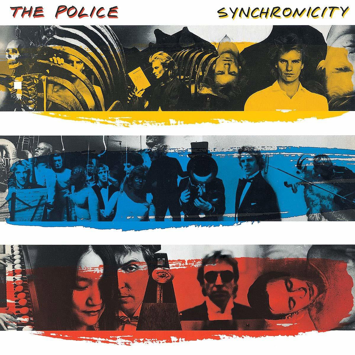 Albumcover: The Police, mit mehreren Bildern und farbigen Balken oben, in der Mitte und unten.
