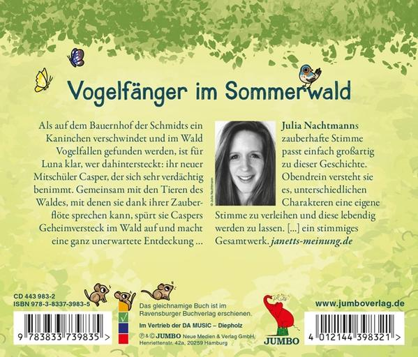 Buchcover mit dem Titel "Vogelfänger im Sommerwald". Es enthält Text, ein Foto einer Frau und Illustrationen.