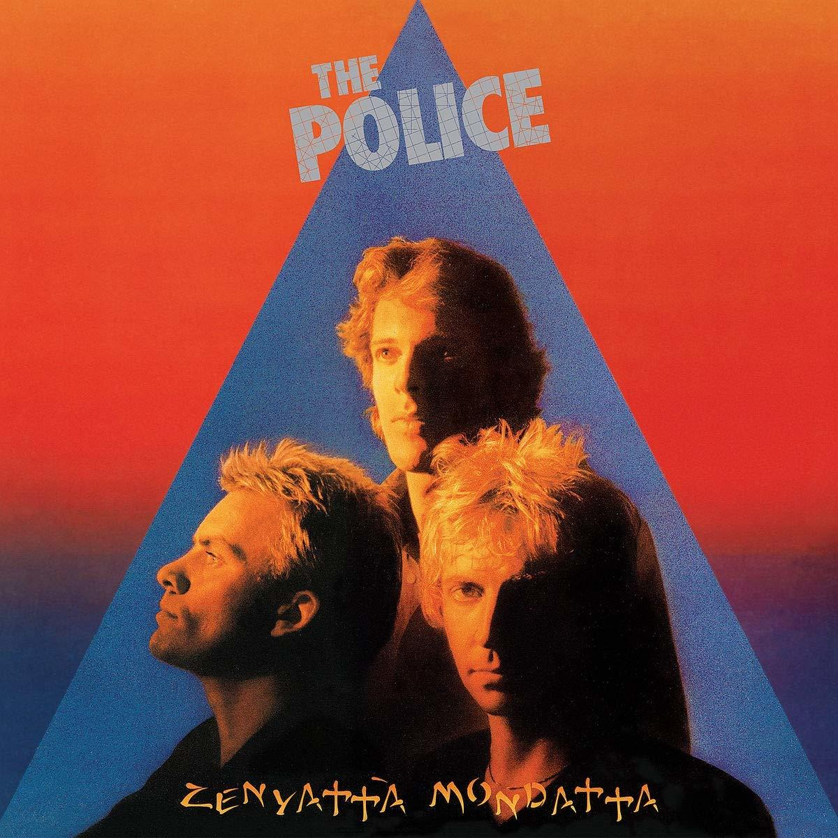 Albumcover: The Police-Bandmitglieder in einem Dreieck, orangefarbener Hintergrund und Albumtitel.