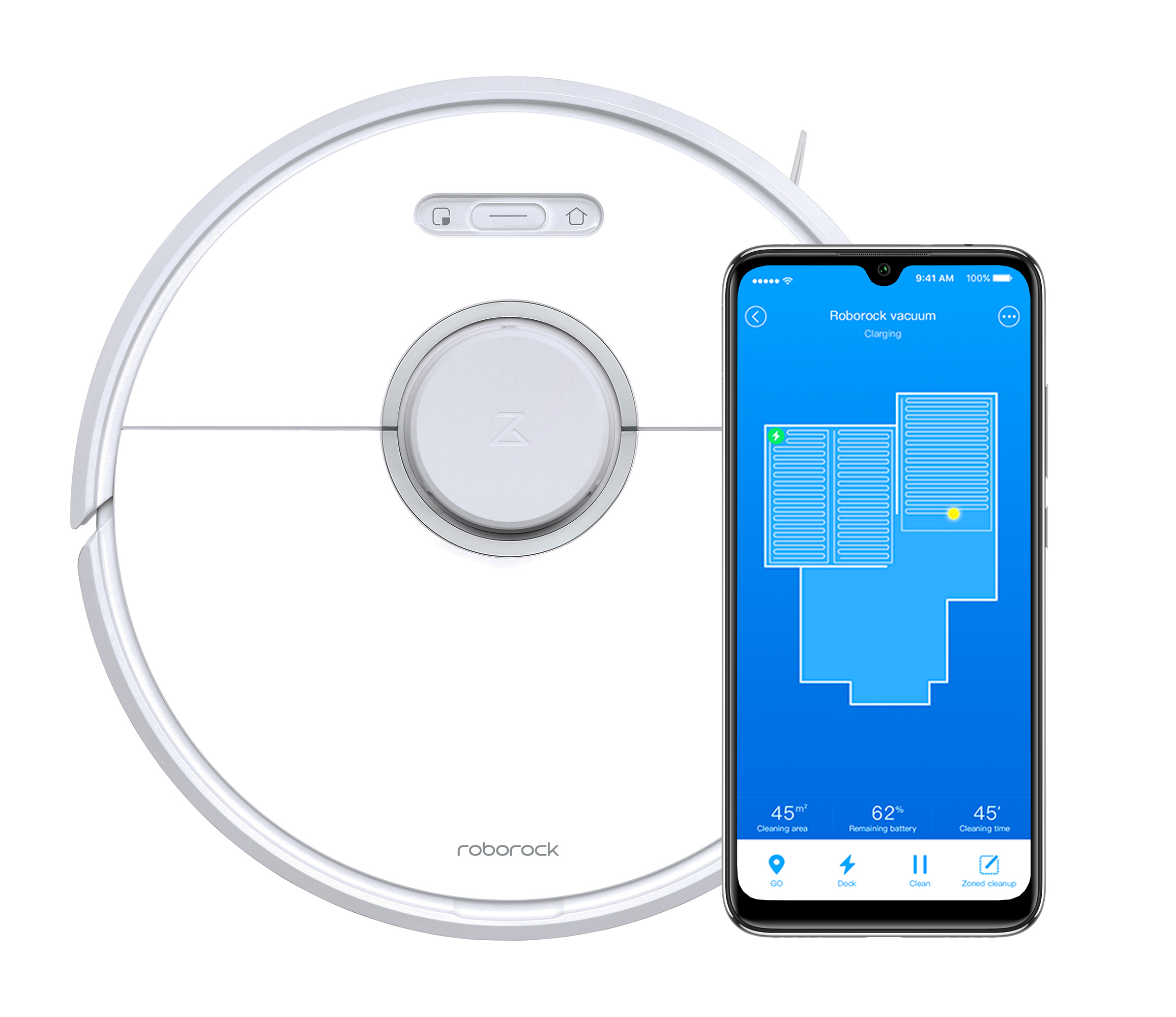 Weißer Roboterstaubsauger und Telefon, das eine Karte, den Ladestatus und den Reinigungsvorgang zeigt.
