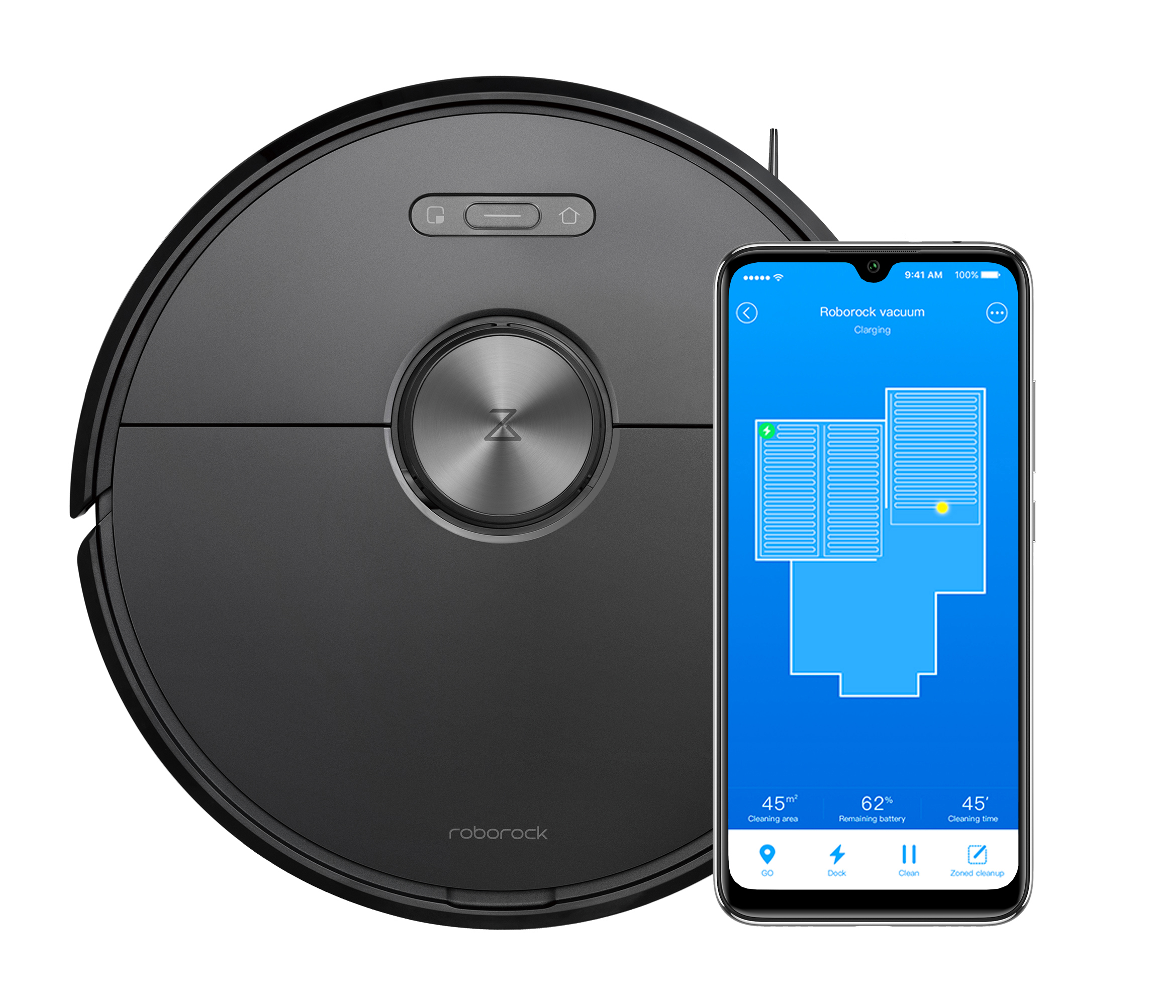 Roborock-Staubsauger mit Smartphone, das Reinigungsfortschritt, Akku und Zeit anzeigt.