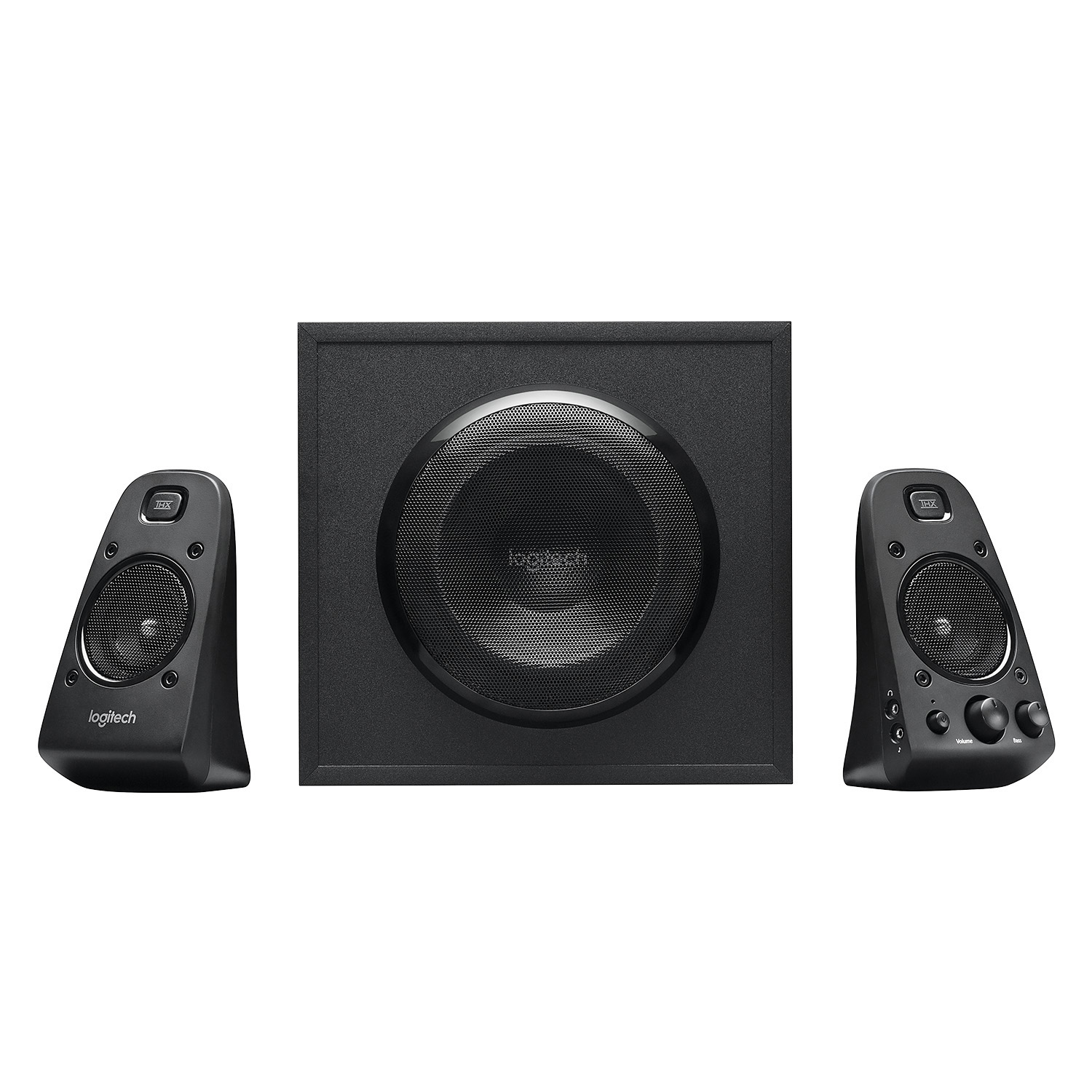 Set aus drei schwarzen Lautsprechern. Zwei kleine Lautsprecher an den Seiten und ein Subwoofer in der Mitte.