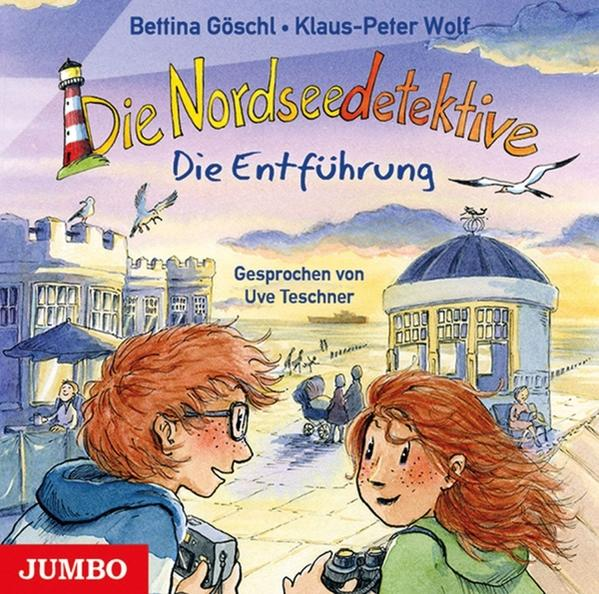 Kinderbuchcover. Zwei Kinder in der Nähe eines Gebäudes mit fliegenden Möwen, Text auf Deutsch.