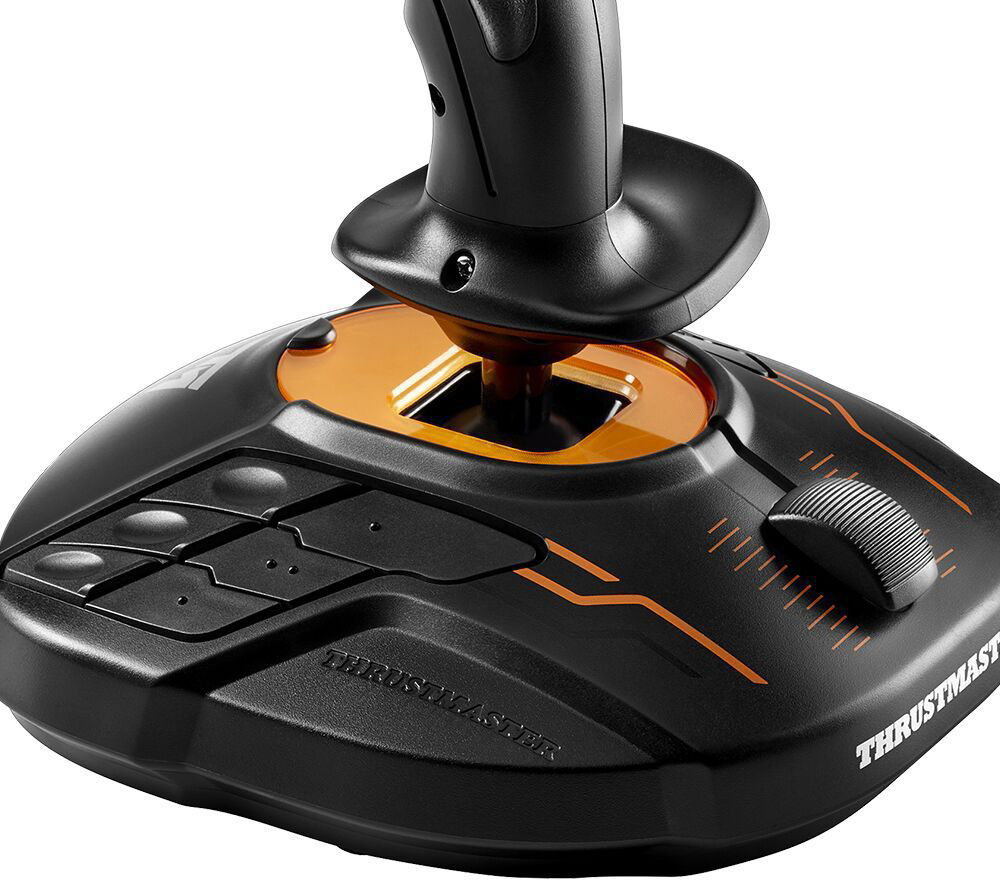 Schwarzer und orangefarbener Flugsimulator-Joystick.