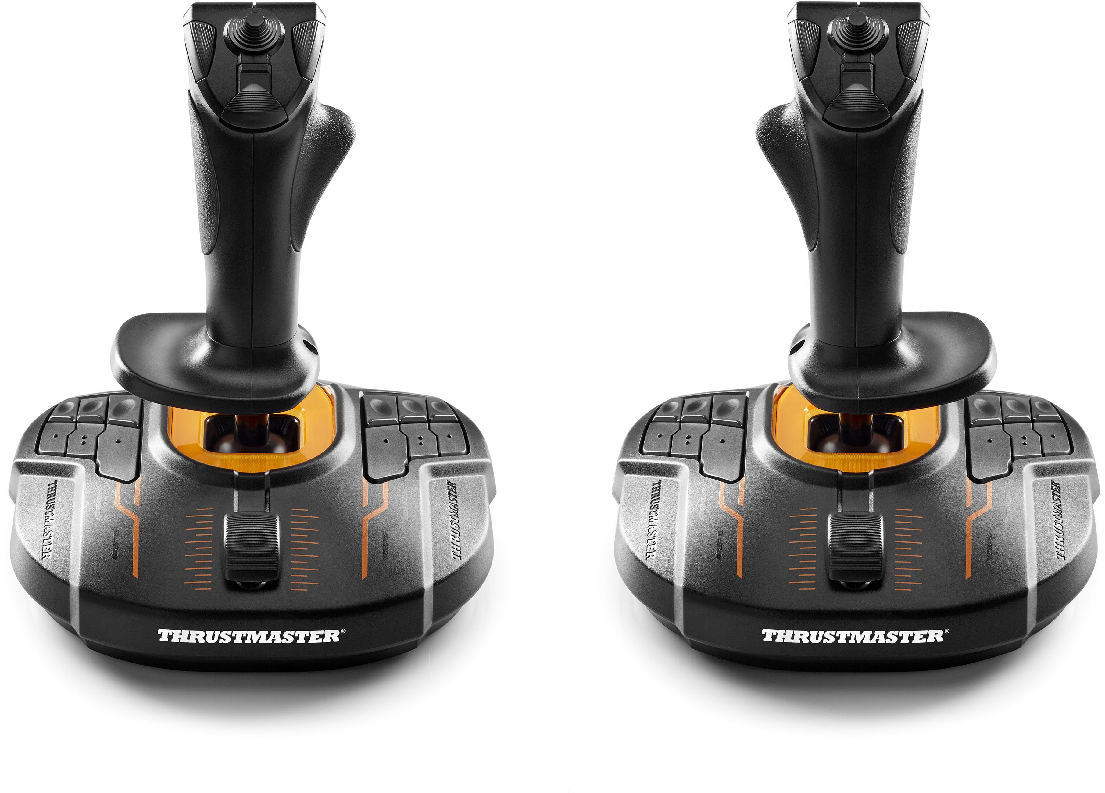 Zwei schwarz-orangefarbene Thrustmaster-Joysticks auf weißem Hintergrund.