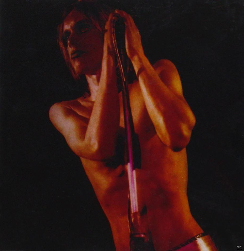 Iggy Pop lemezborítója, ing nélkül, mikrofont tartva, sötét háttér előtt, rózsaszín övvel.