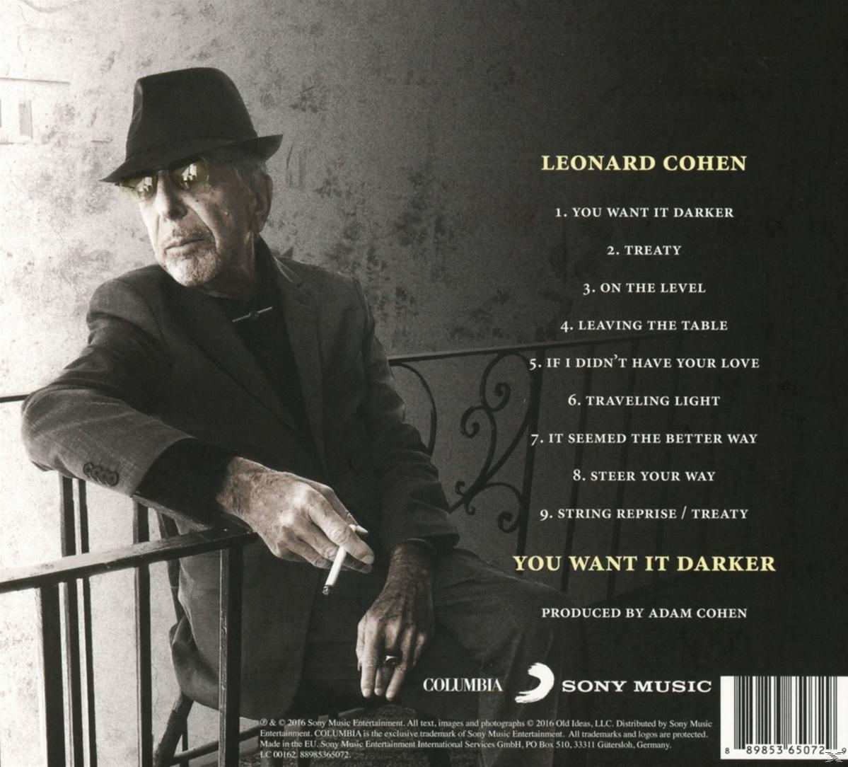Leonard Cohen in Anzug, Hut und Brille sitzt. Das Albumcover zeigt Songtitel.