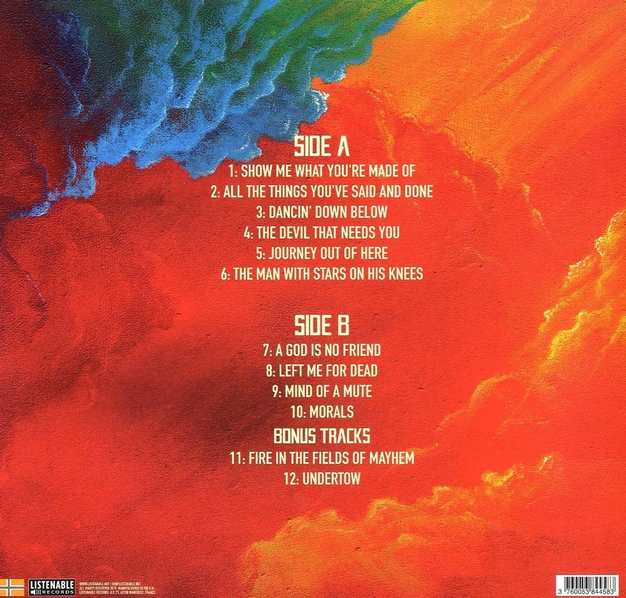 Albumcover mit Titelliste. Rote, orange, blaue und grüne Farben sind sichtbar.