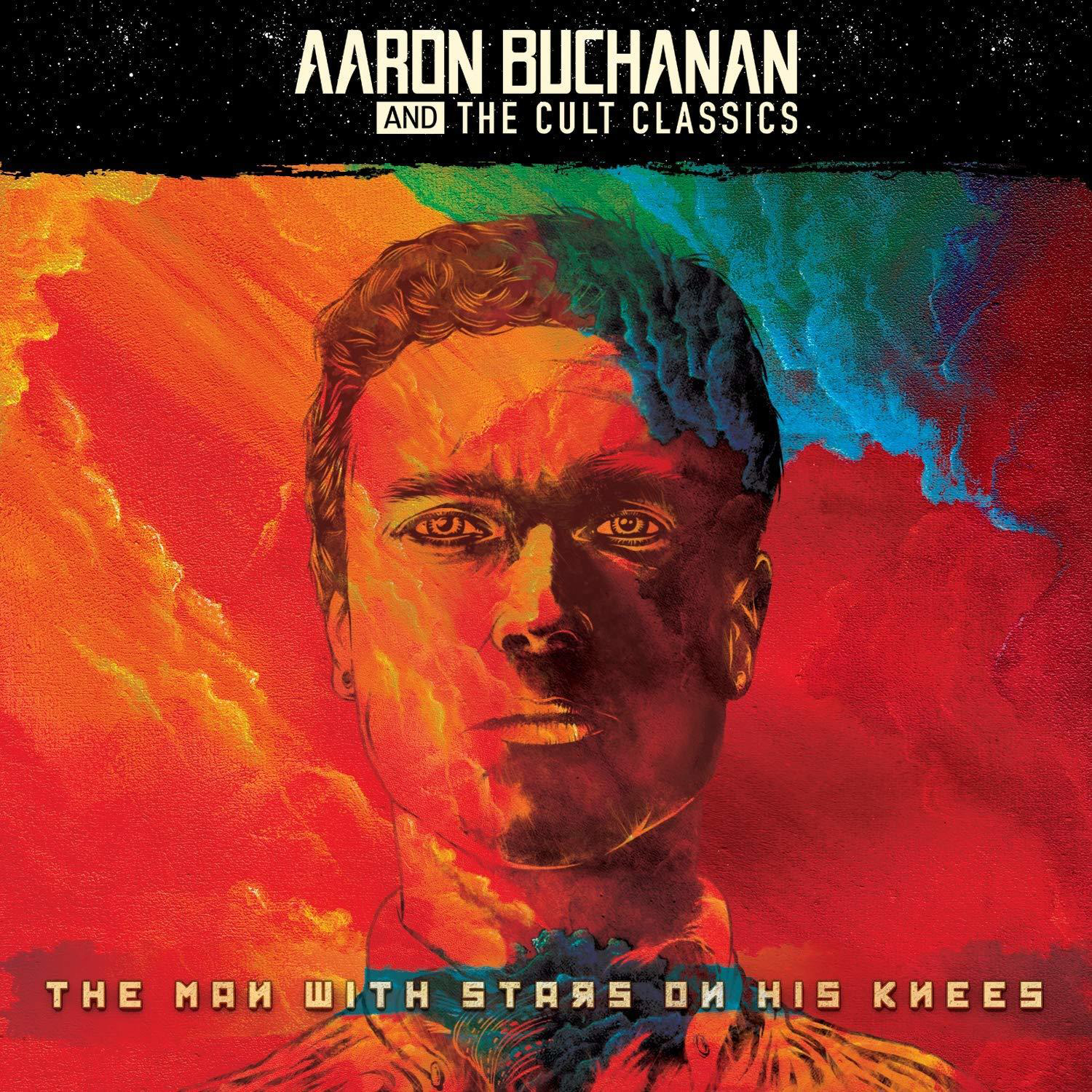 Albumcover. Gesicht eines Mannes mit farbenfrohem Hintergrund. Text: The Man With Stars On His Knees.