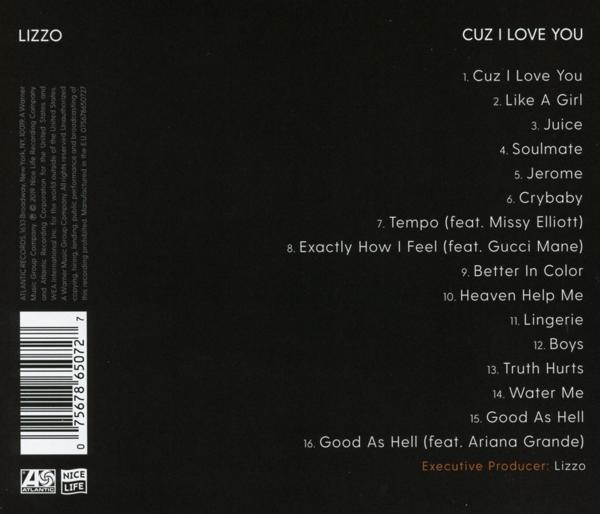 Rückseite der 'Cuz I Love You' CD von Lizzo, mit Titelliste.