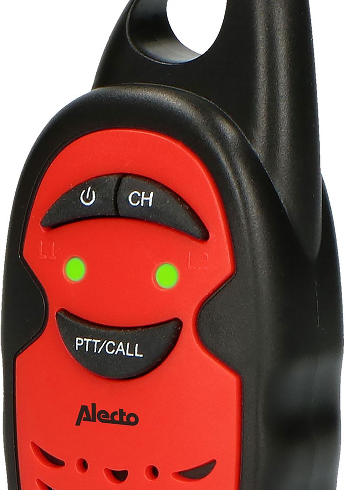 Nahaufnahme eines schwarz-roten Walkie-Talkies mit grünen Lichtern.
