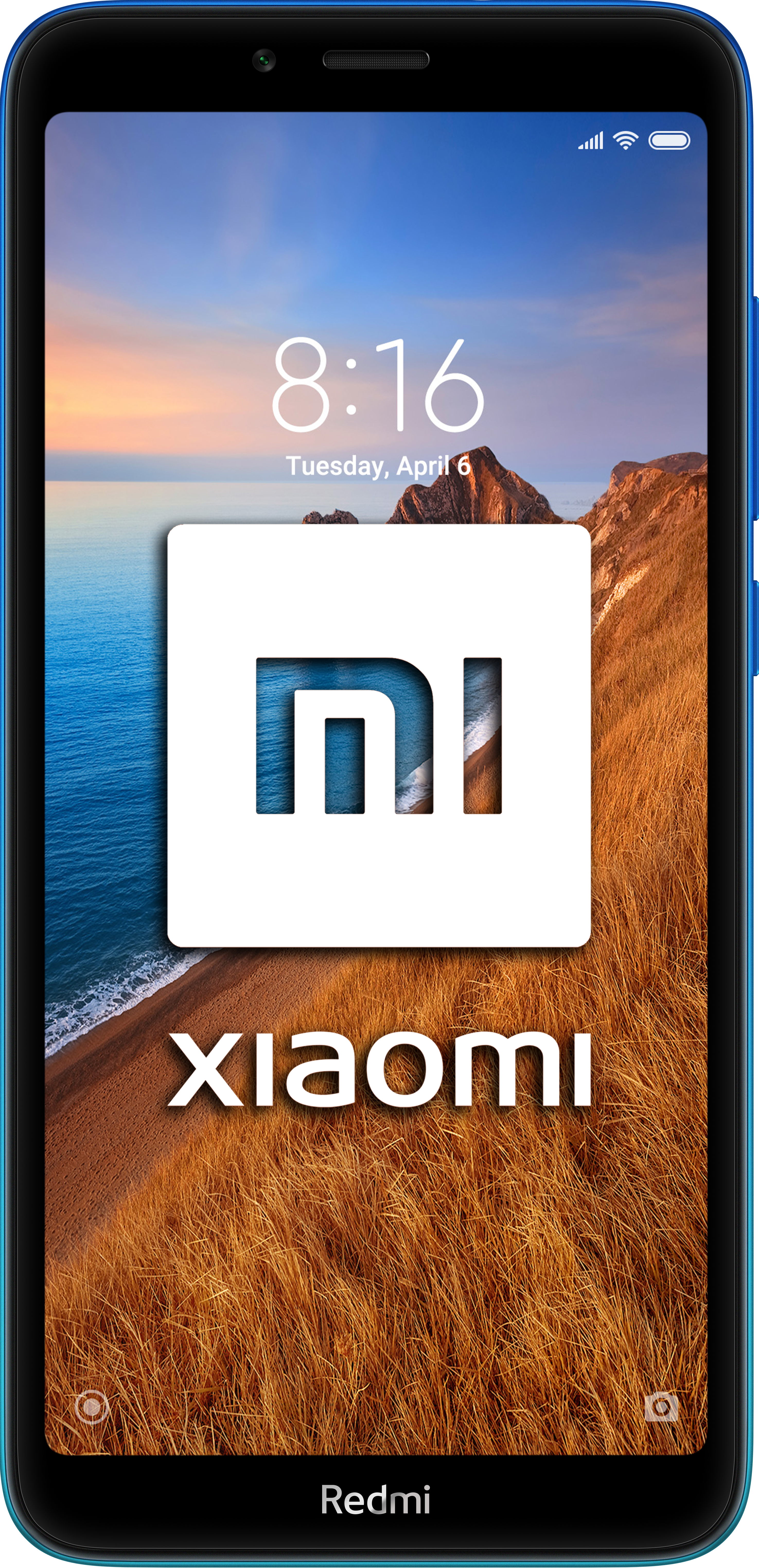 Teléfono Xiaomi azul con logo blanco de Xiaomi. La pantalla muestra un paisaje con puesta de sol.
