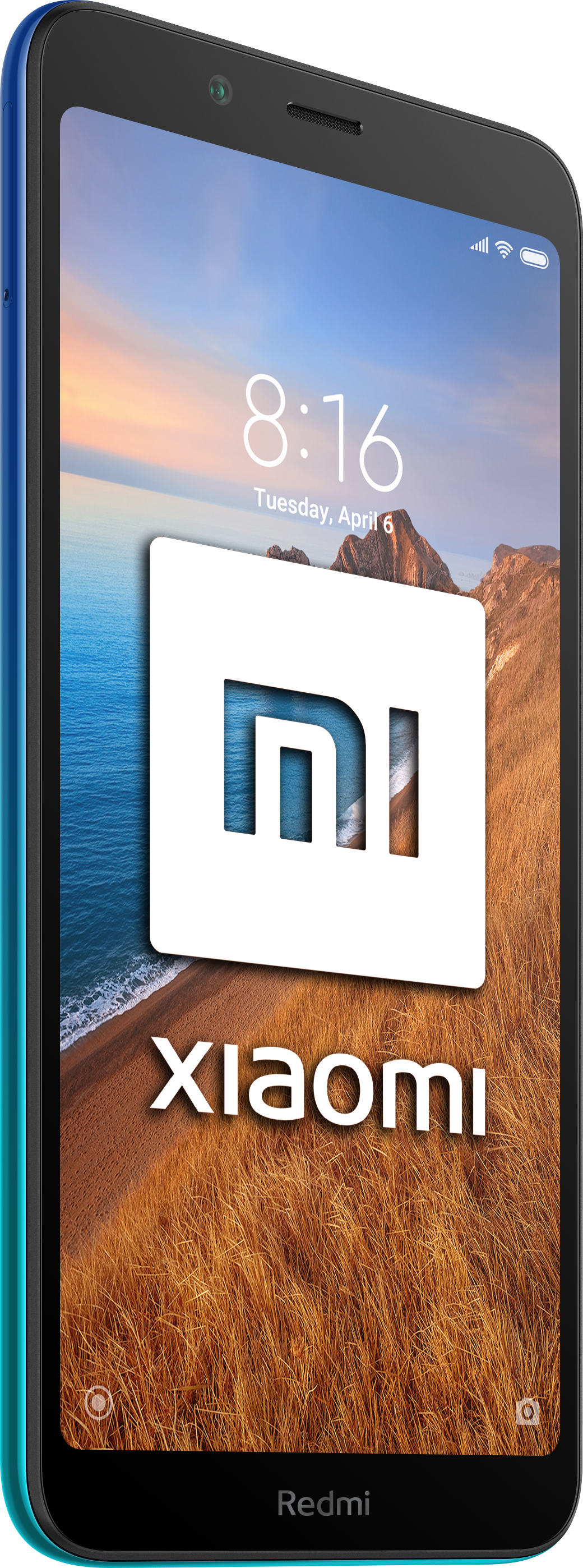 Pantalla de smartphone azul y turquesa muestra un paisaje con puesta de sol, más logo Xiaomi blanco.