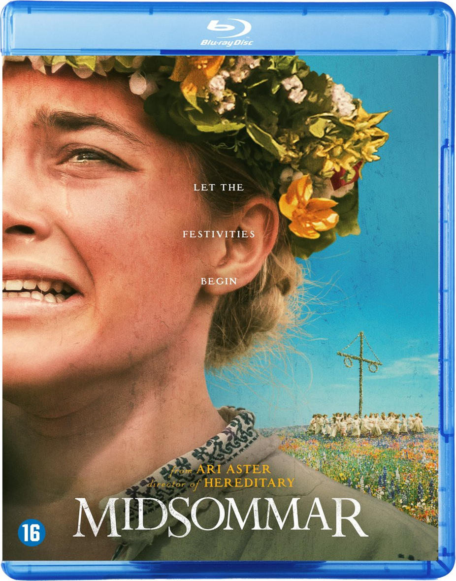 Affiche de film : Une femme avec une couronne florale en pleurs, avec du texte et une bordure bleue.