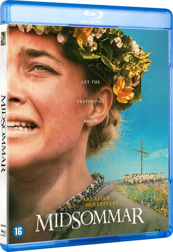 Couverture du film Midsommar. Une femme avec une couronne de fleurs pleure. Un grand poteau et des personnages en arrière-plan.