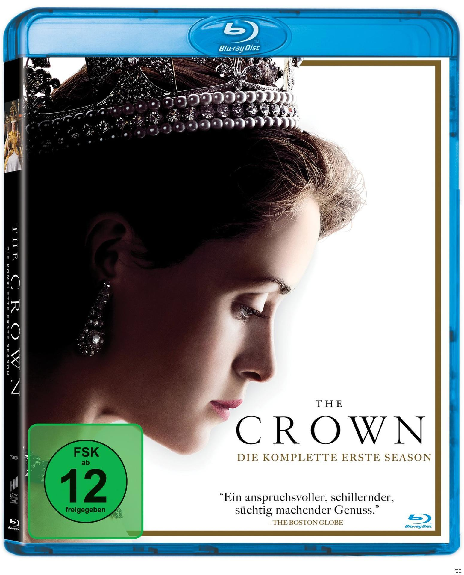 DVD-Hülle für The Crown mit einer Frau mit Tiara, in einem blau-weißen Design.