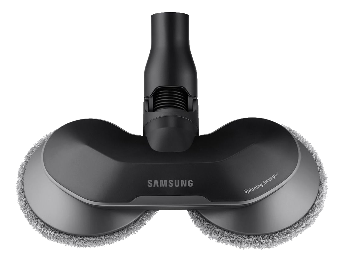 Un accessorio per spazzatrice rotante Samsung nero e grigio per un aspirapolvere, su sfondo nero.