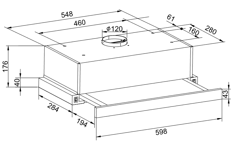 Konyhai páraelszívó diagramja milliméteres méretekkel és egy kör alakú nyílással.