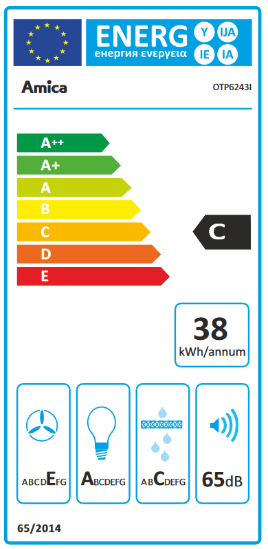 Energia címke egy Amica készülékhez, C energiahatékonysági osztállyal és egyéb részletekkel.