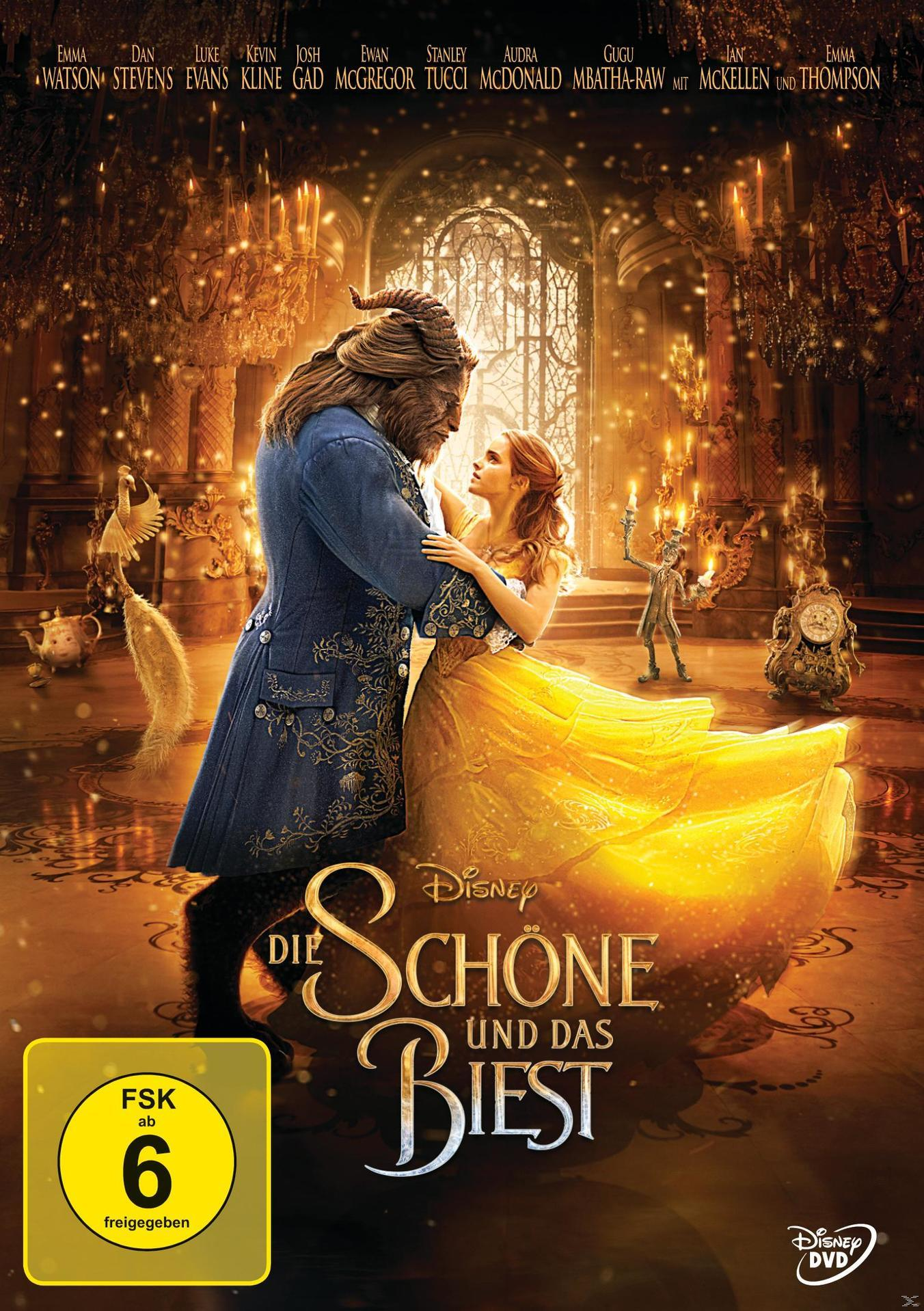 Filmposter: Die Schöne und das Biest, mit Figuren und Schloss im Hintergrund.