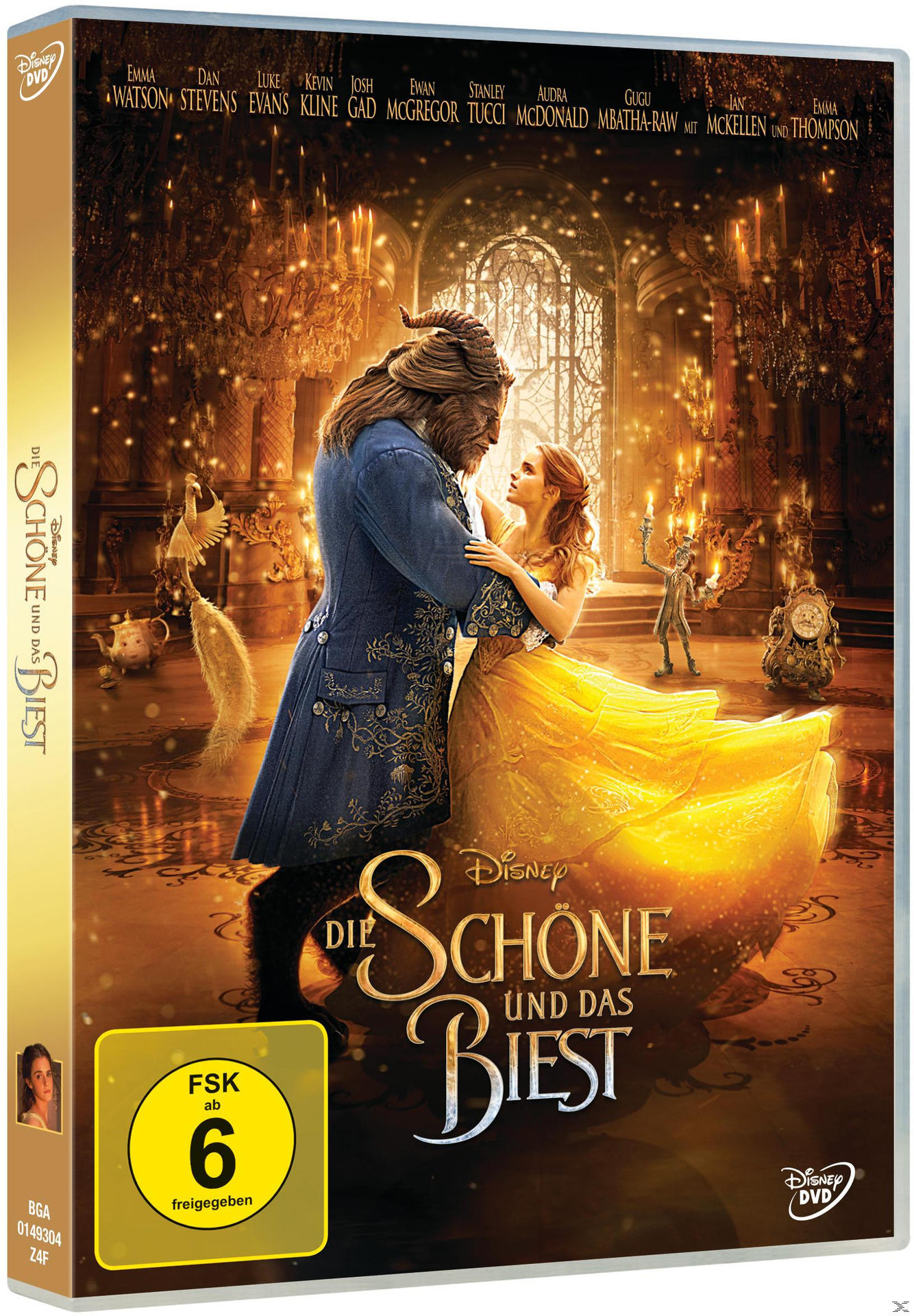 DVD-Cover von 'Die Schöne und das Biest'. Belle und das Biest tanzen. Gold- und Gelbtöne dominieren.