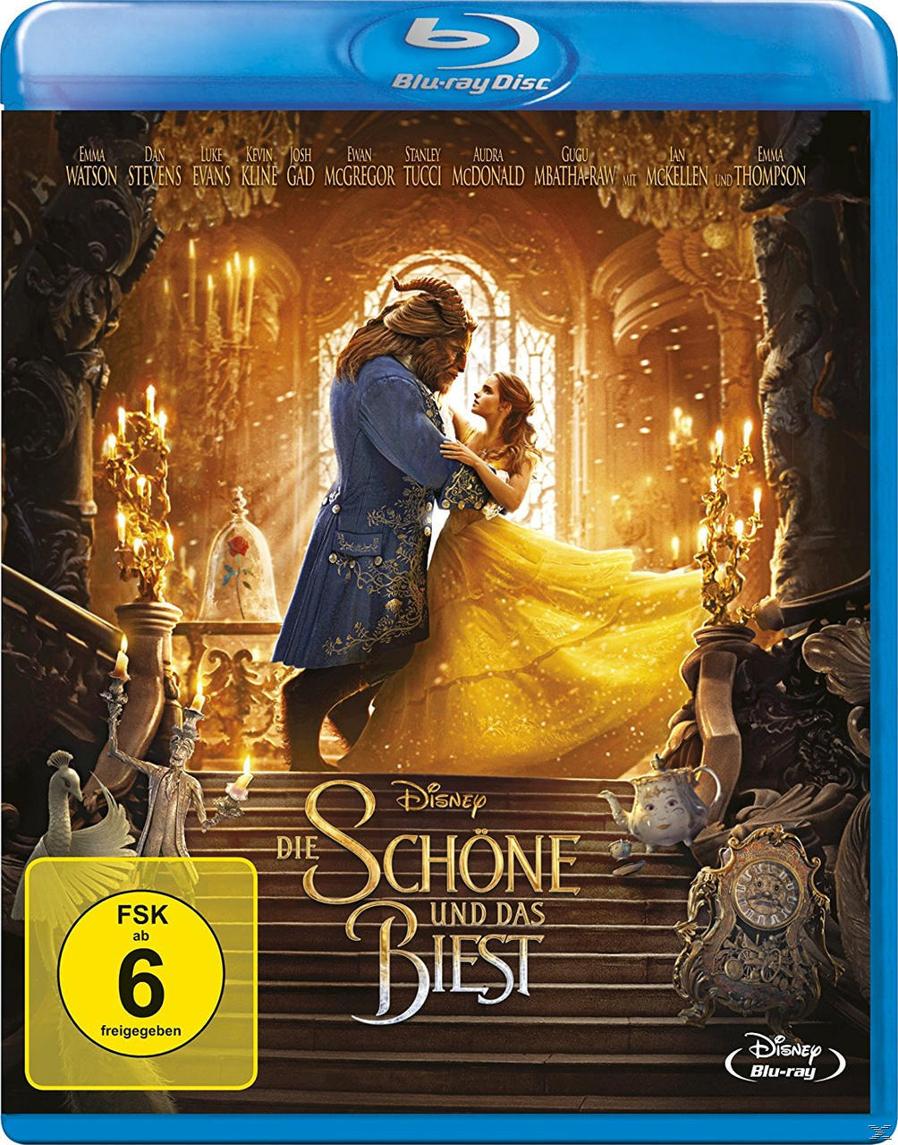 Blu-ray-Cover von Die Schöne und das Biest. Belle und das Biest tanzen in einem Ballsaal mit Golddekor.
