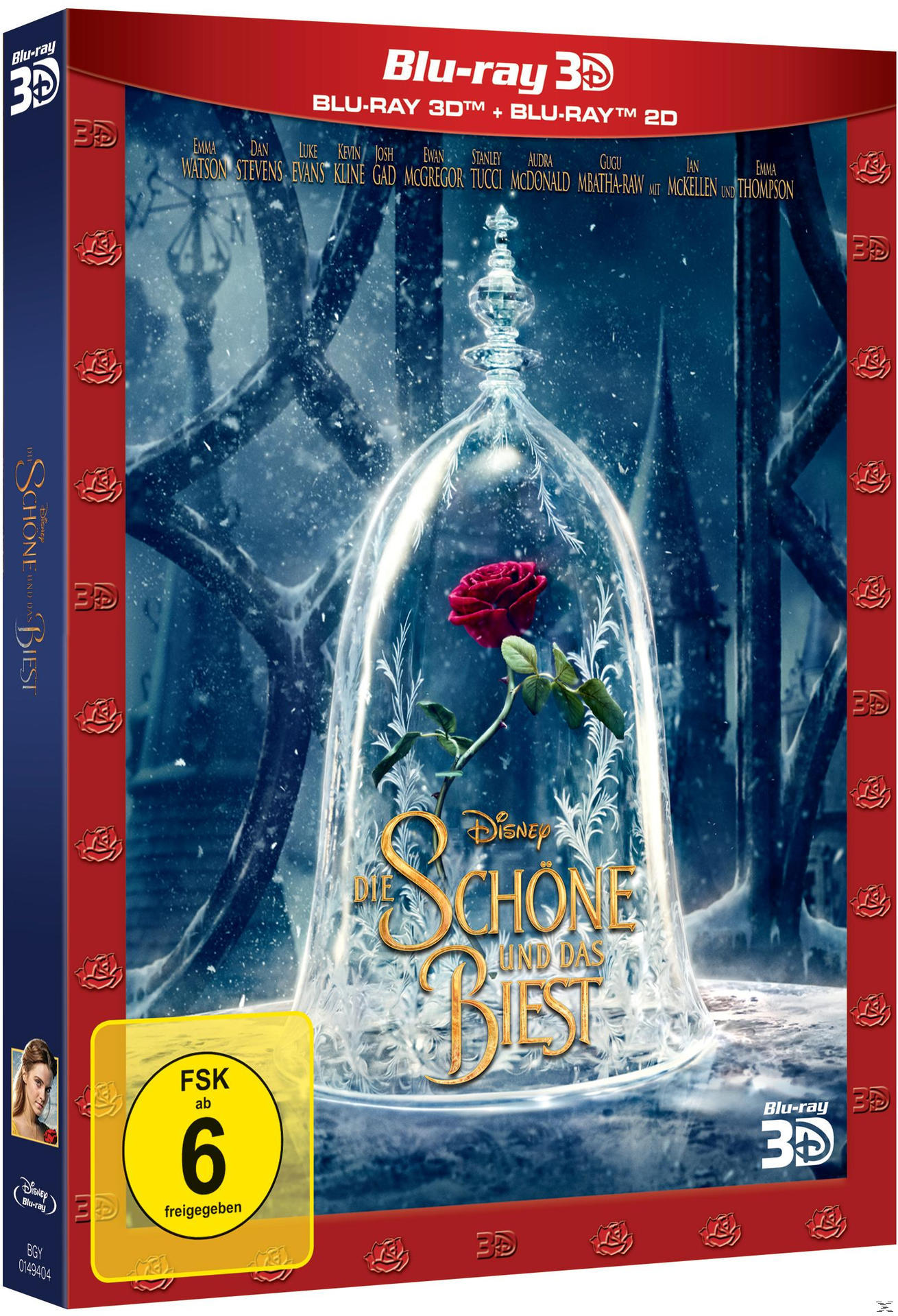 Blu-ray-Boxart für 'Die Schöne und das Biest' mit einer Rose unter einer Glaskuppel.