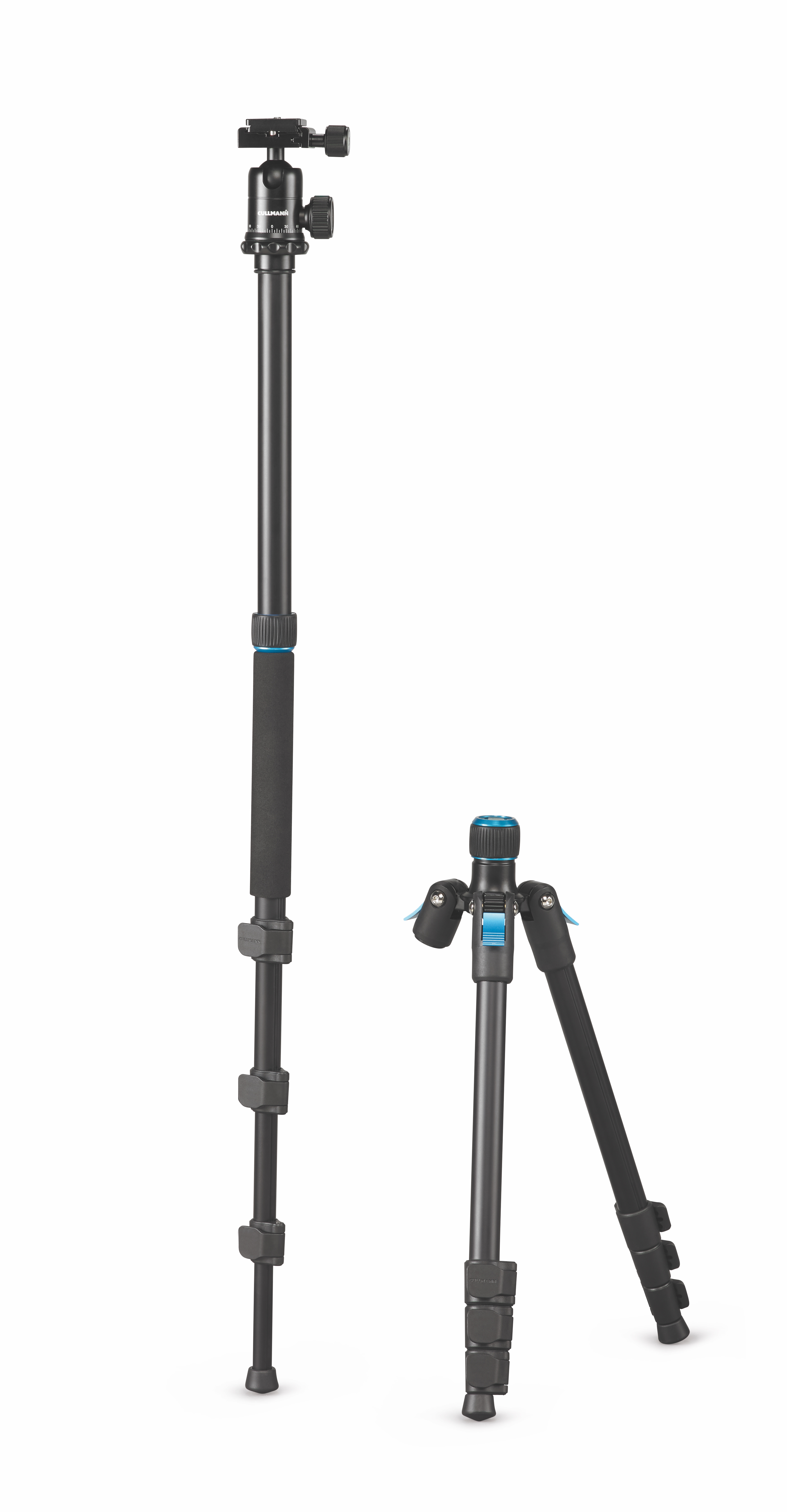 Two black tripods, one extended and one folded. The extended one is taller.