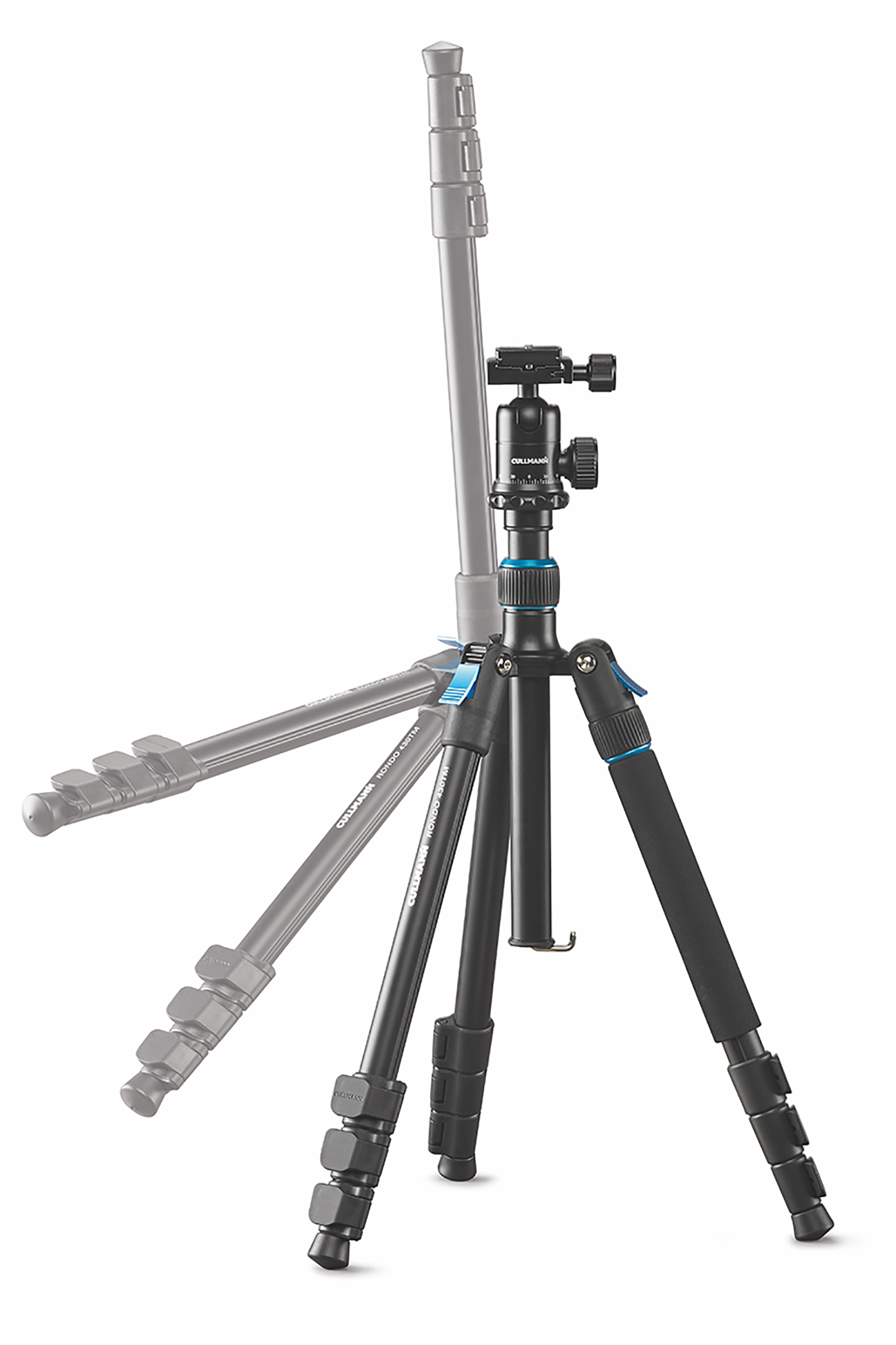 Tripod with legs extended and the head angled, set against a white background.