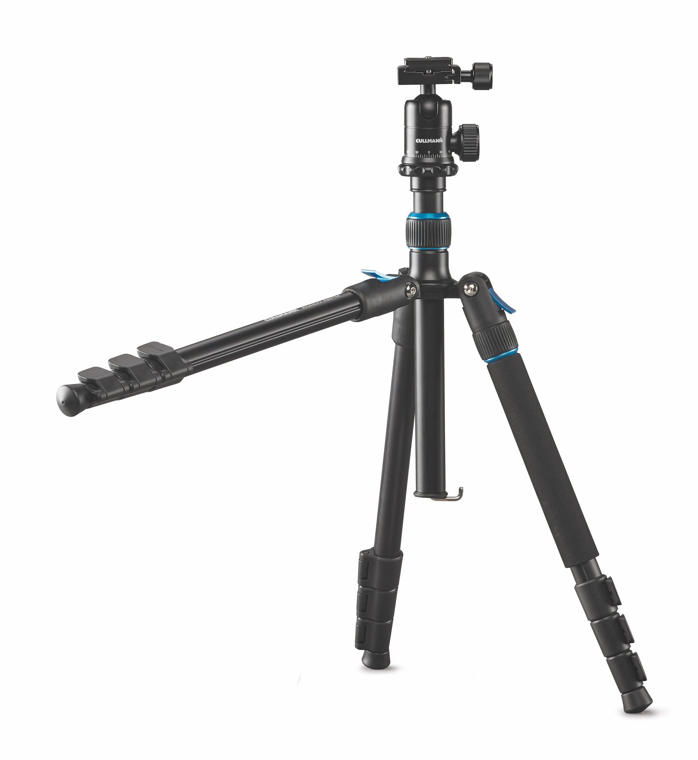 Tripod with black legs and a ball head. The tripod is set up on a white background.
