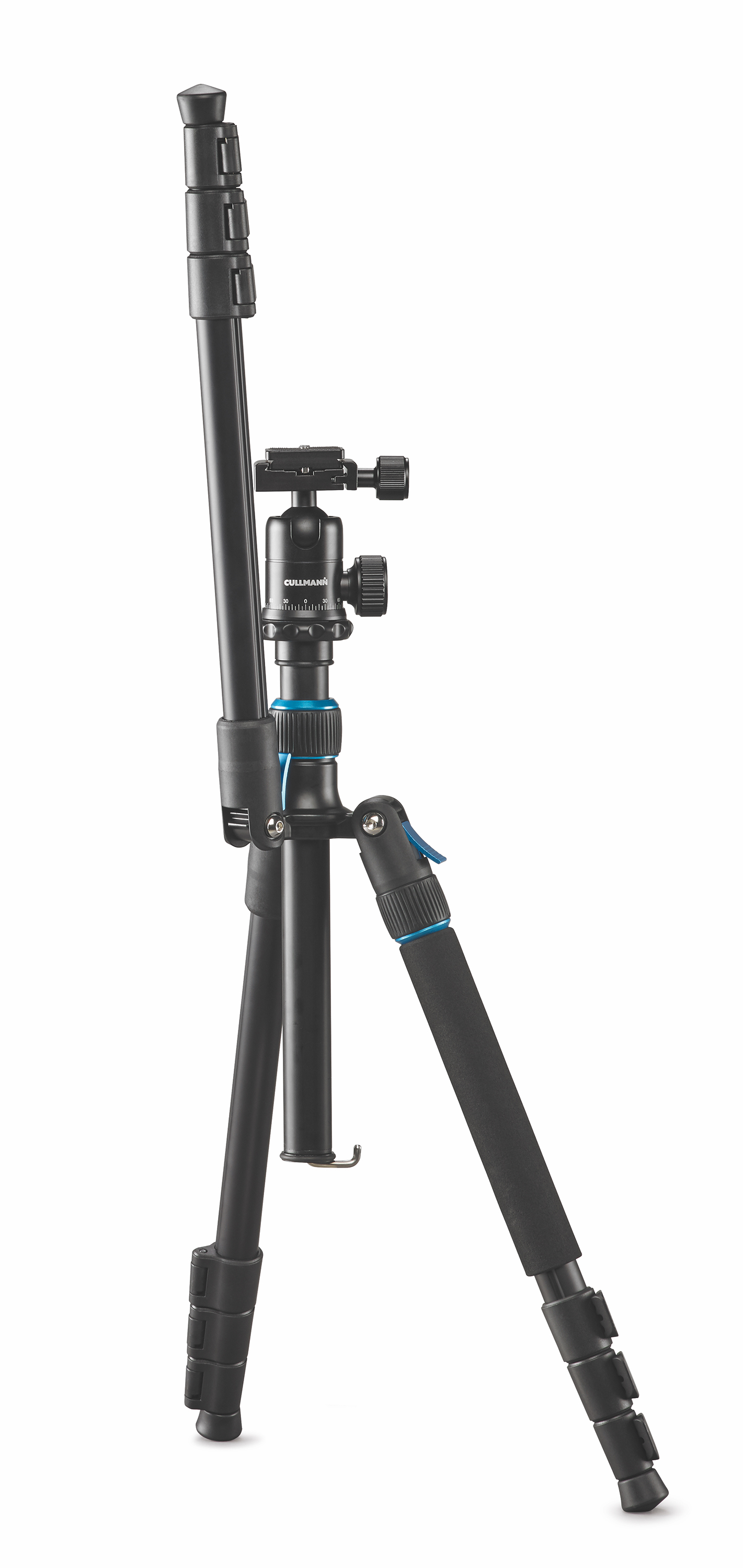 Black tripod with blue accents, extended. A ball head is mounted at the top.