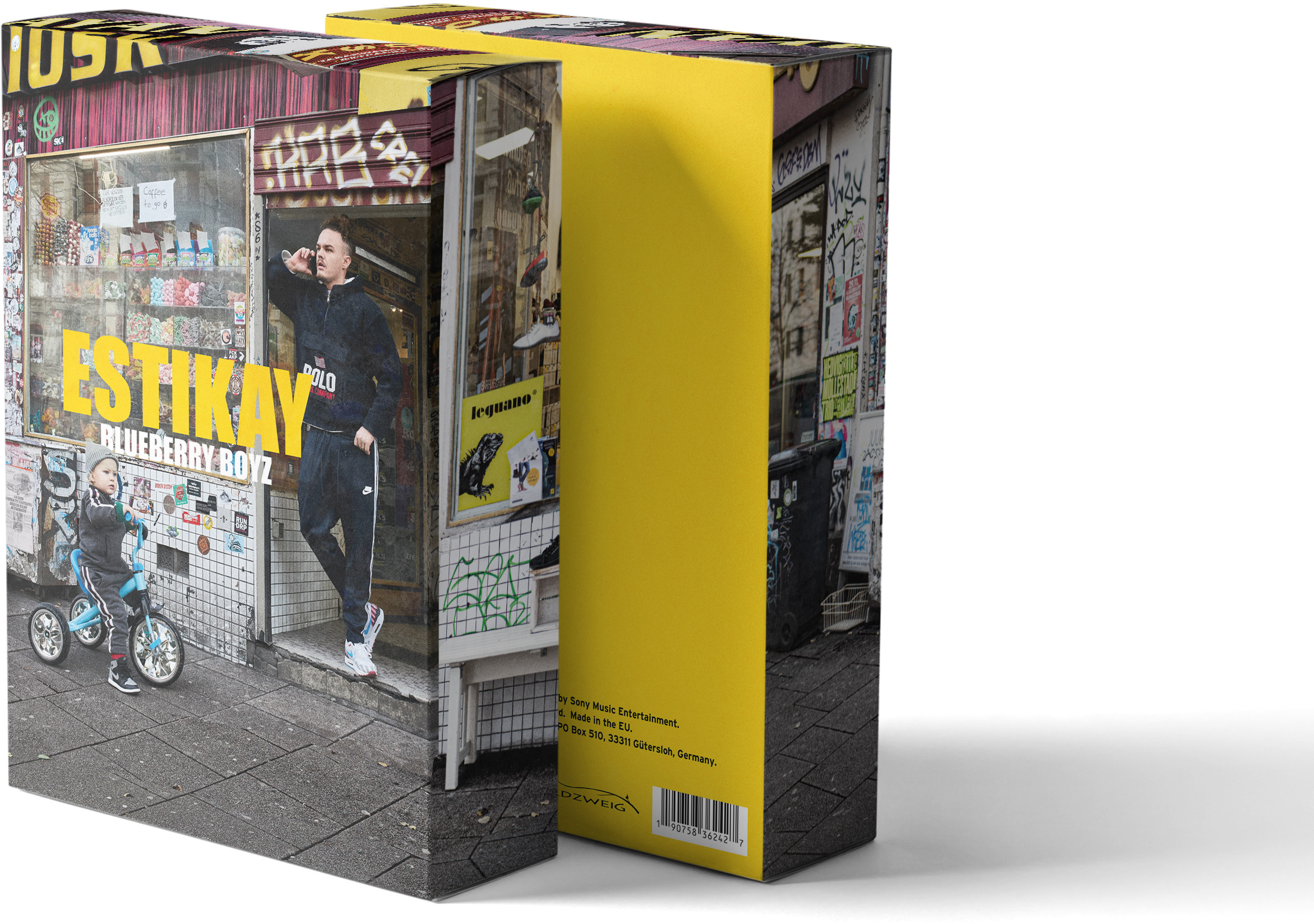 Albumcover von Estikay, Blueberry Boyz, mit Shop-Hintergrund und Graffiti.