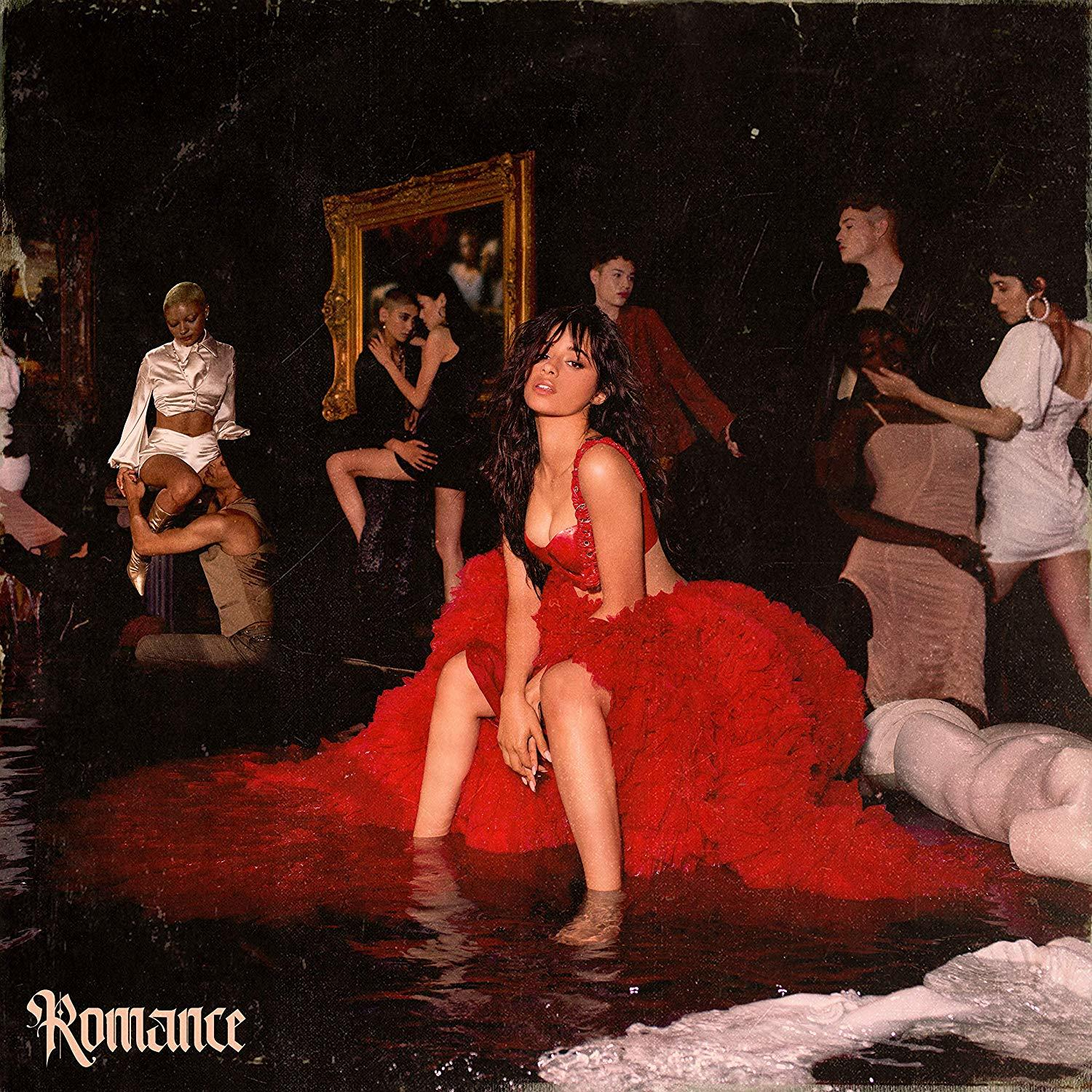 A 'Romance' album borítója, Camila Cabellóval egy vörös ruhában, vízben állva.