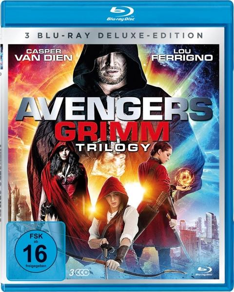 Blu-ray-Cover für Avengers Grimm Trilogy. Drei Personen werden vorgestellt.