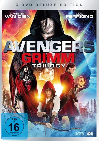 Filmcover: Avengers Grimm Trilogy. Charaktere mit Waffen, eine Kapuzenfigur und Titeltext.
