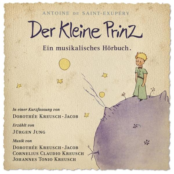 Buchcover: 'Der Kleine Prinz' mit Illustration des kleinen Prinzen auf einem Planeten, Sterne.