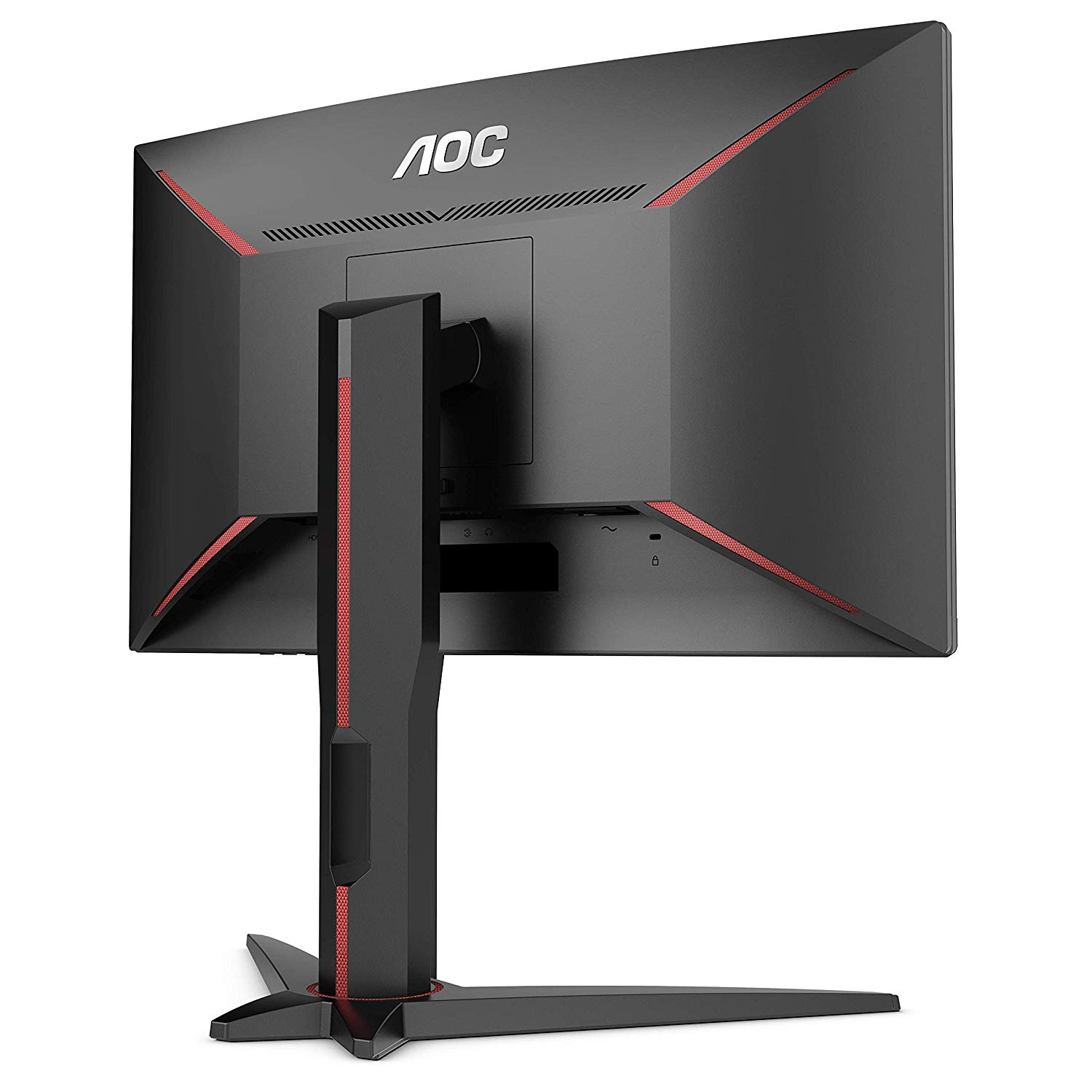 Monitor de computadora negro, vista trasera, con detalles rojos y logotipo AOC.