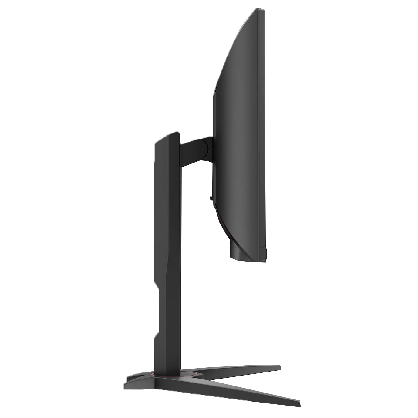 Monitor de computadora negro, vista lateral, con soporte y diseño elegante.