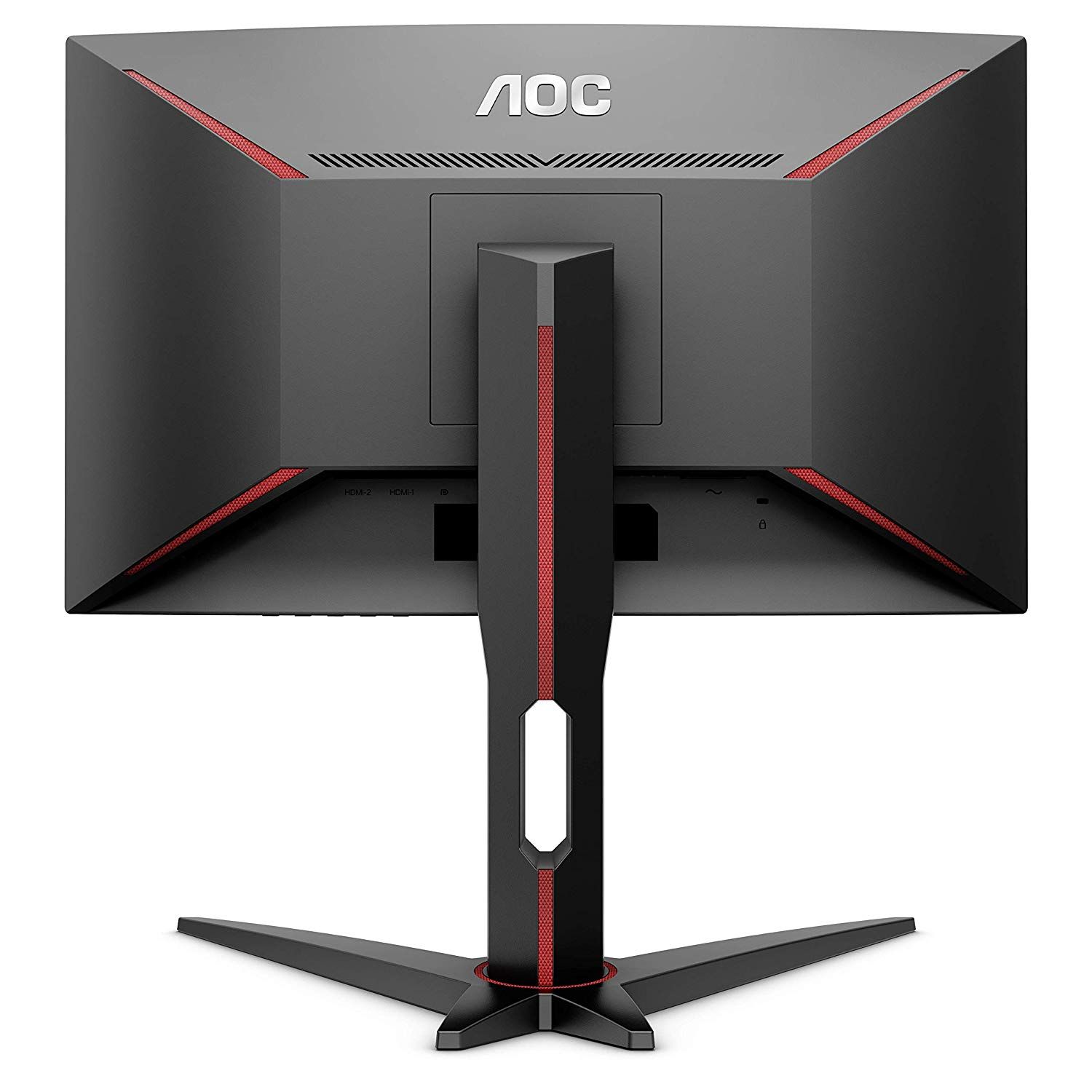Parte trasera de un monitor negro. Acentos rojos. Soporte y puertos visibles.