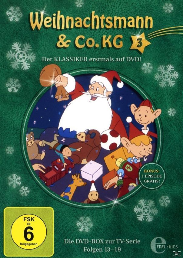 Cartoon-DVD-Cover mit Weihnachtsmann und anderen Zeichentrickfiguren. Text: Weihnachten & Co. KG, Die DVD-Box zur TV-Serie.