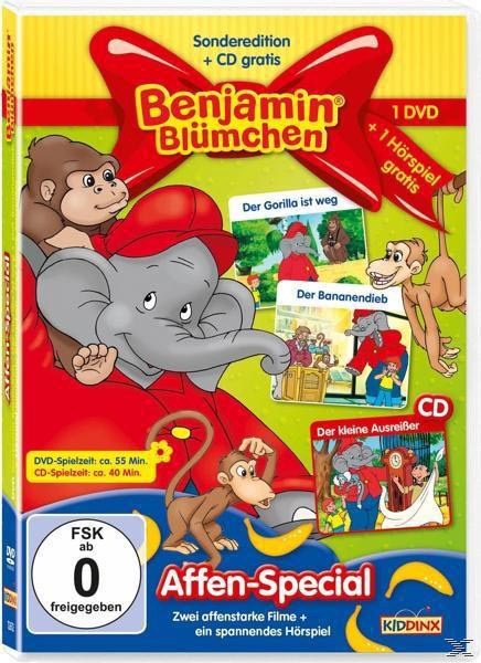 DVD-Cover: Cartoon-Elefanten- und Affenfiguren mit Text und Bildern aus der Sendung.