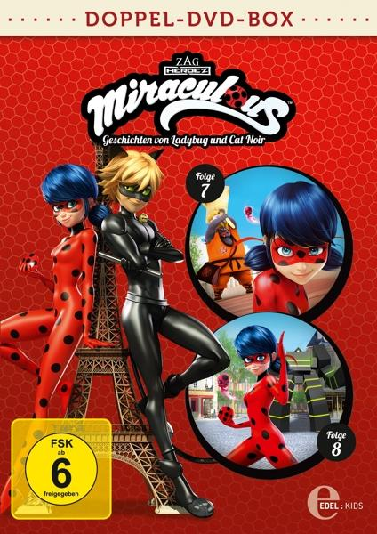 DVD-Cover mit Zeichentrickfiguren von Miraculous. Ladybug und Cat Noir posieren.