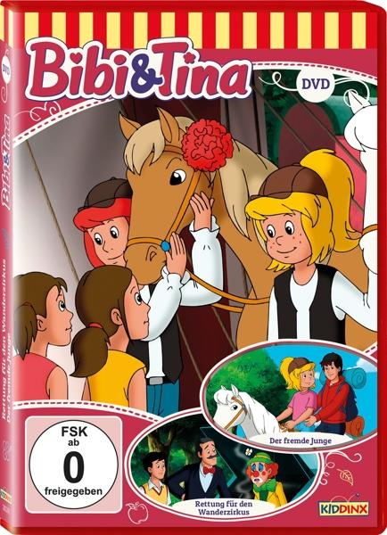 Bibi & Tina DVD-Cover mit Zeichentrickfiguren, einem Pferd und Zirkuselementen auf Deutsch.