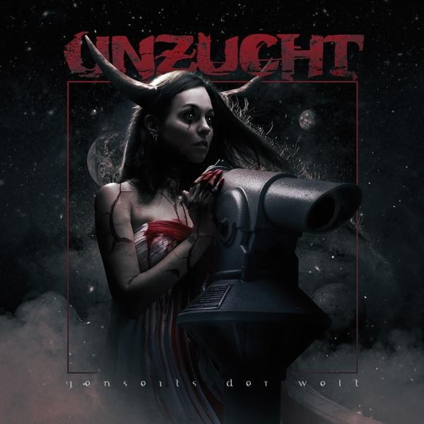 Albumcover, Frau mit Hörnern blickt durch ein Teleskop, umgeben von Sternen.