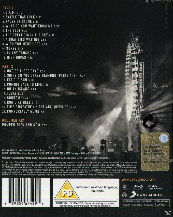 CD-Cover: Trackliste eines David Gilmour-Konzerts. Der Hintergrund ist dunkel mit Bühnenlichtern.